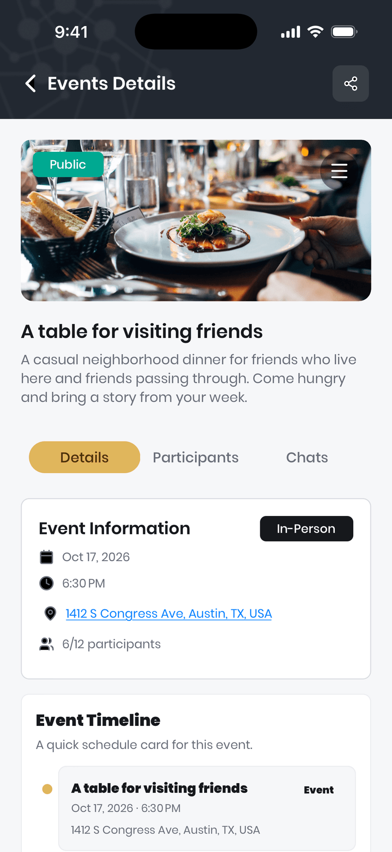 Droozi local dinner meetup details showing the venue, date, and participants