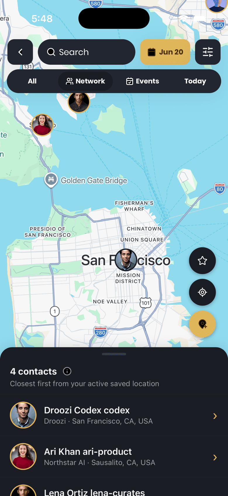 Droozi app map showing future-plan overlap without live GPS sharing