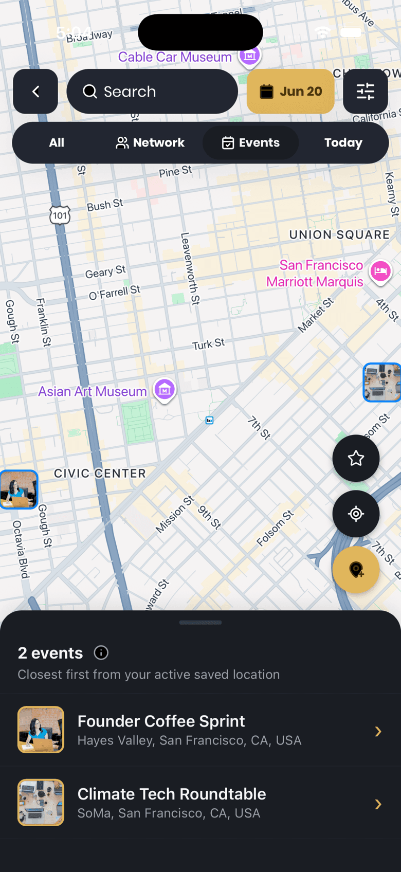 Droozi map showing event pins for planning future meetups