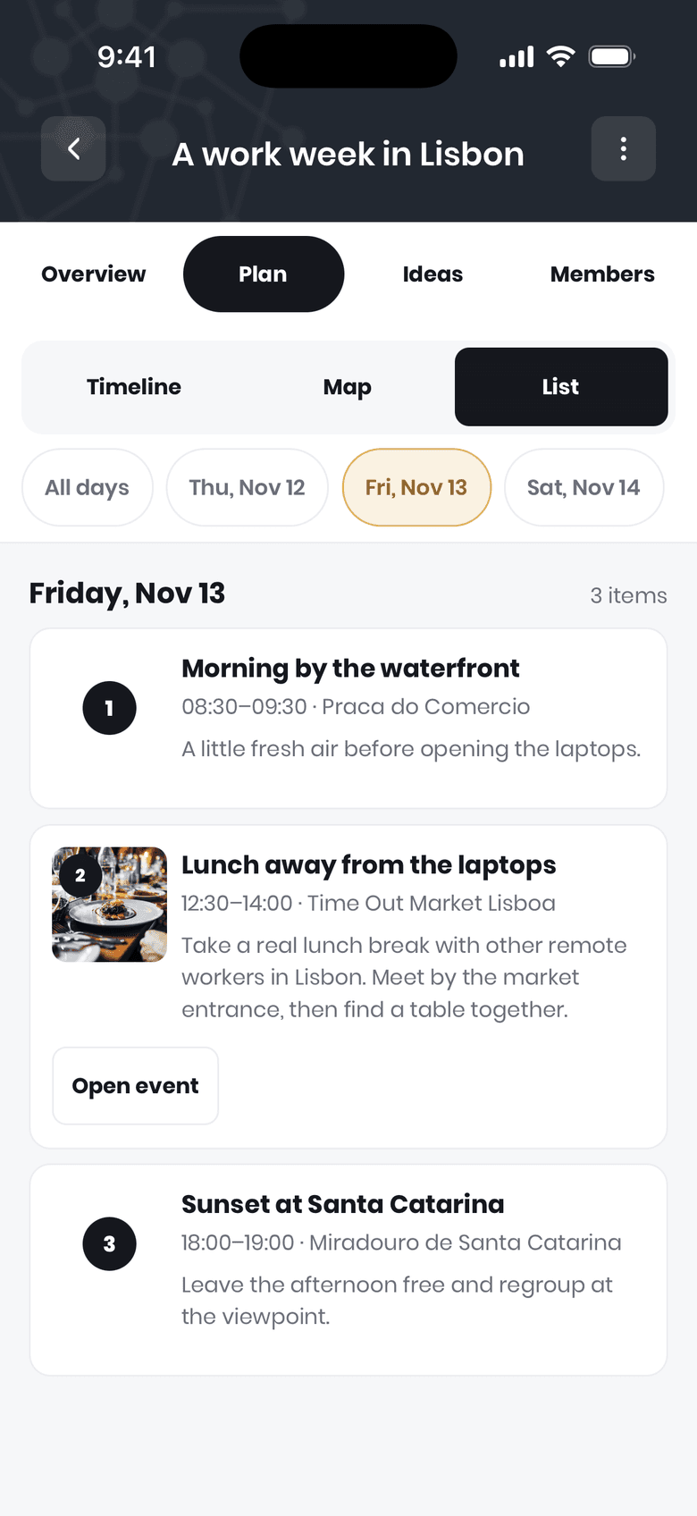 Droozi Lisbon trip plan showing a shared workday with a waterfront walk, lunch, and sunset meetup