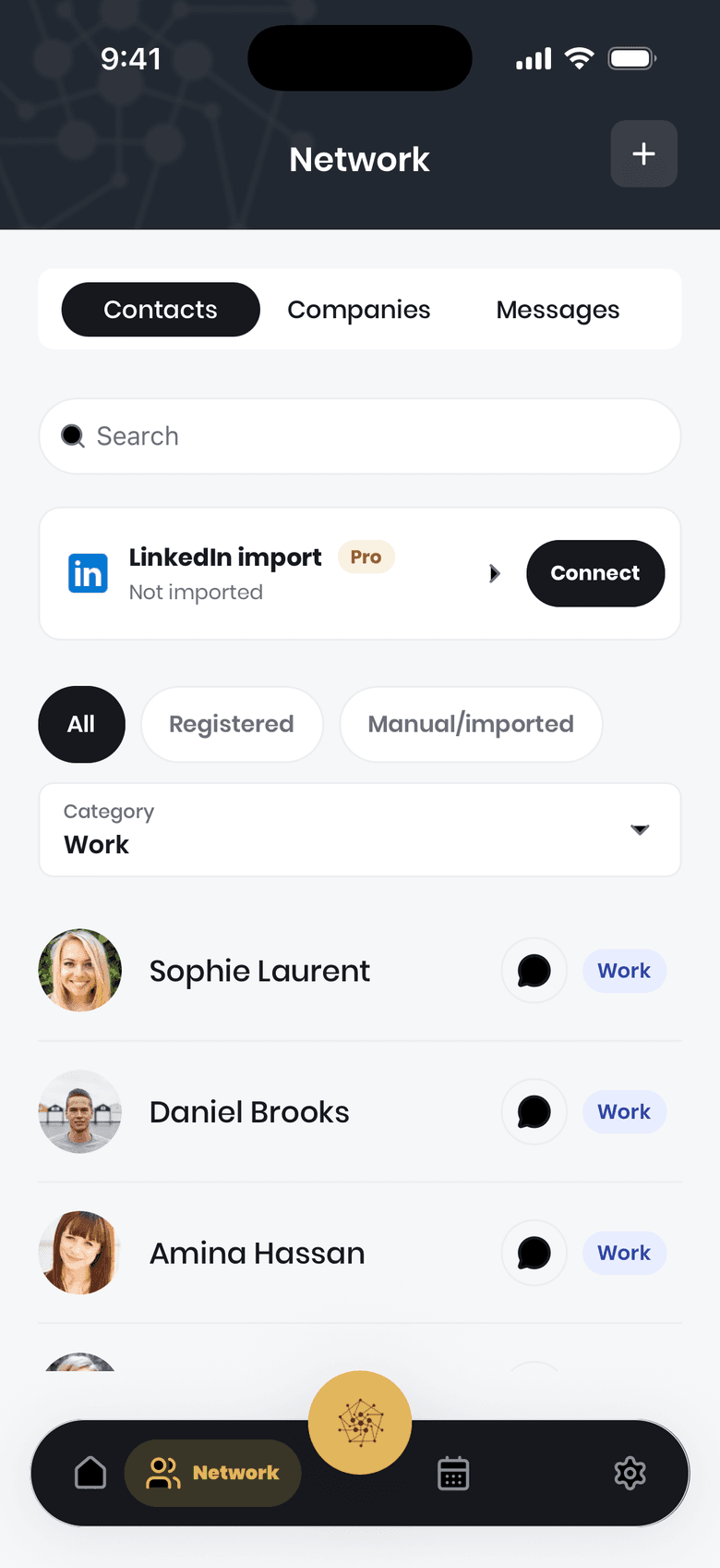 Droozi Network contacts filtered to Work, showing Sophie, Daniel, and Amina