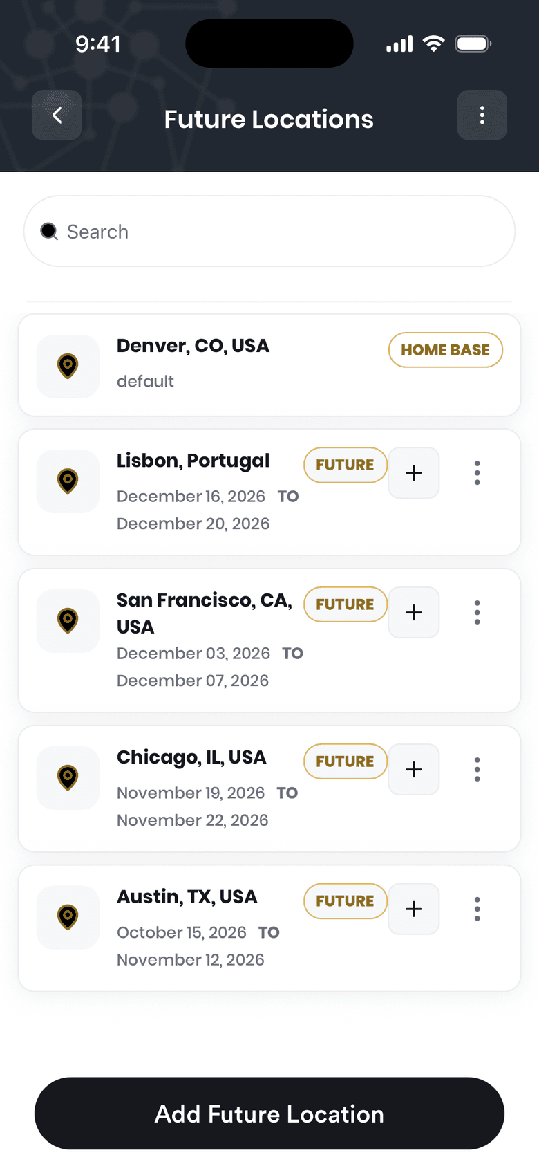 Droozi Future Locations showing upcoming assignment cities and dates