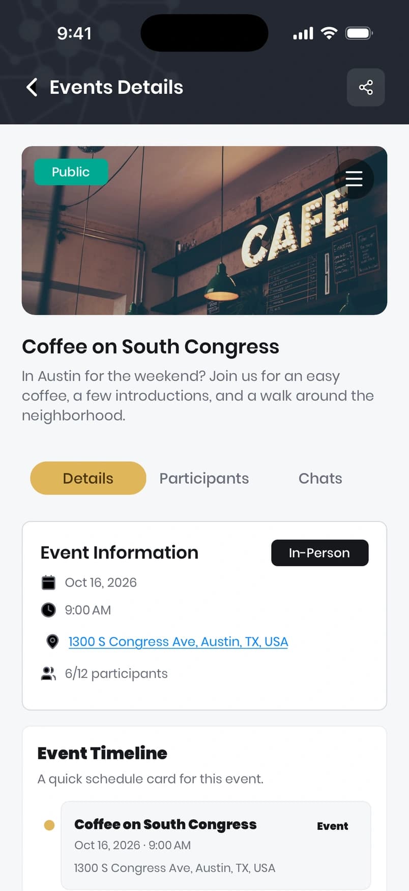 Droozi meetup details showing the event photo, date, place, and participants