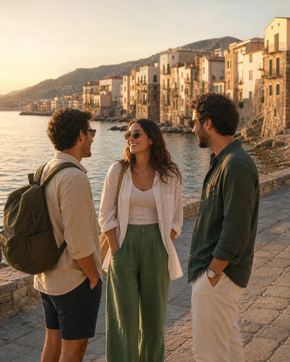 Three friends chatting on a Mediterranean waterfront